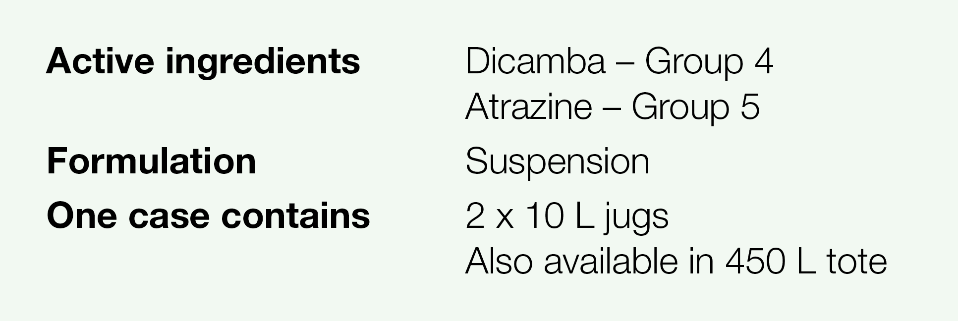 Active ingredients,Dicamba   Group 4 Atrazine   Group 5,Formulation,Suspension ,One case contains,2 x 10 L jugs Also    