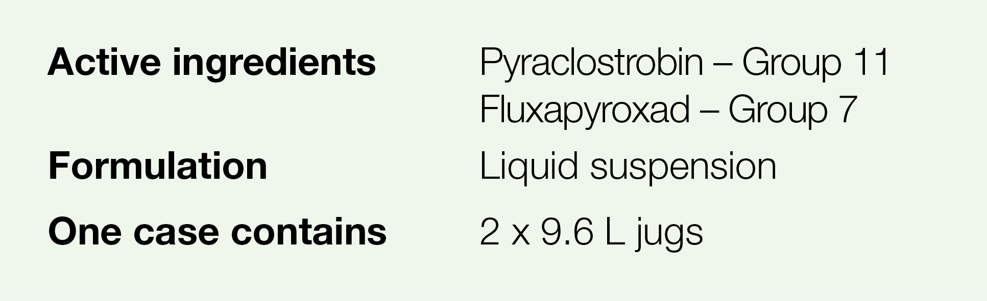Active ingredients,Pyraclostrobin   Group 11 Fluxapyroxad   Group 7,Formulation,Liquid suspension,One case contains,2   
