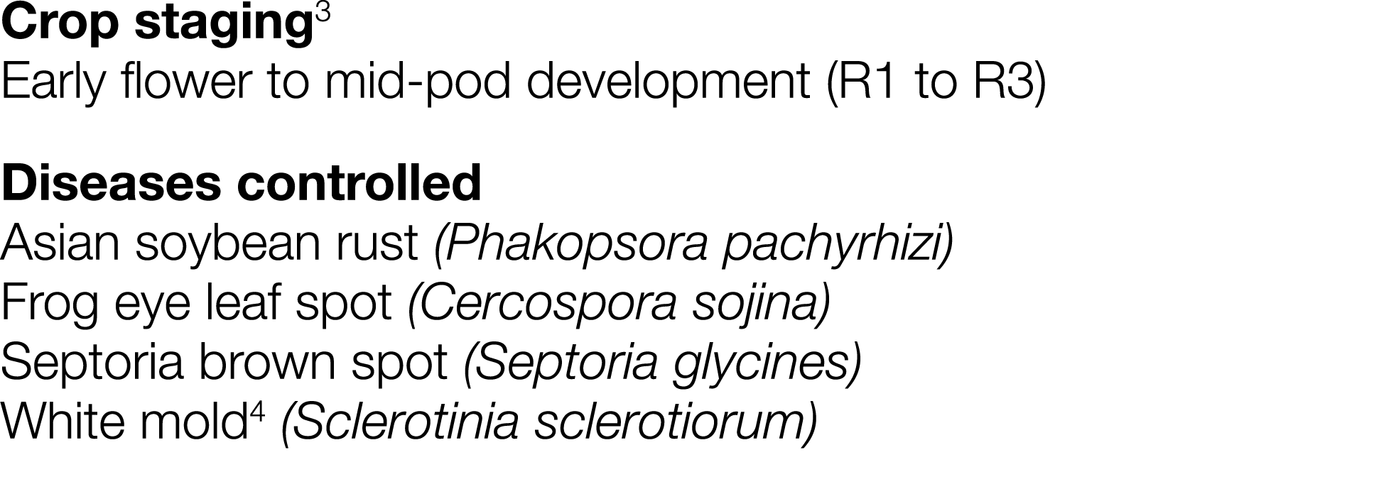 Crop staging3 Early flower to mid-pod development (R1 to R3) Diseases controlled Asian soybean rust (Phakopsora pachy   