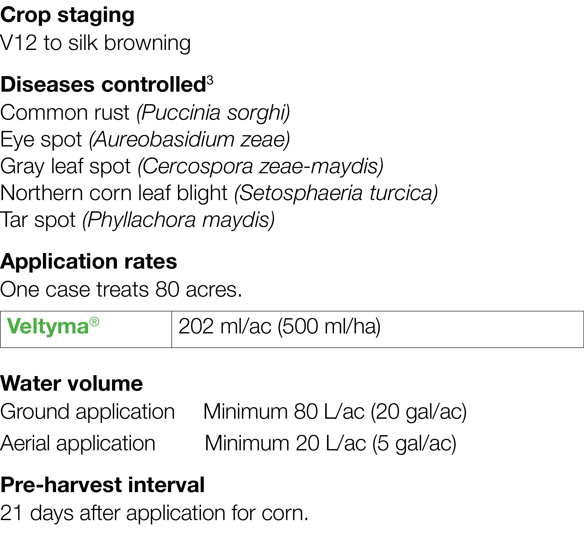 Crop staging V12 to silk browning Diseases controlled3 Common rust (Puccinia sorghi) Eye spot (Aureobasidium zeae) Gr   