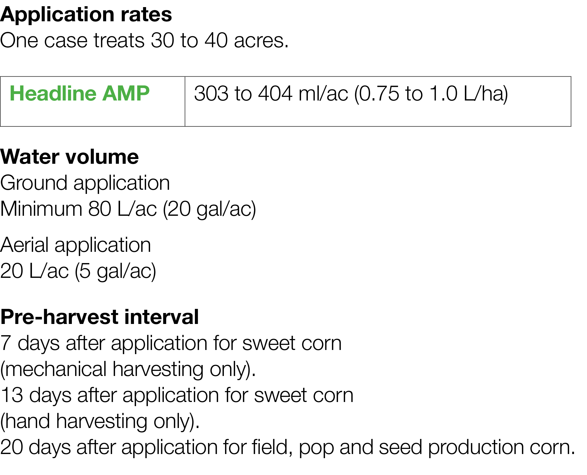 Application rates One case treats 30 to 40 acres    Water volume Ground application Minimum 80 L ac (20 gal ac) Aeria   