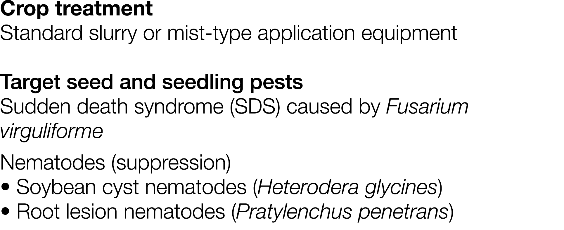 Crop treatment Standard slurry or mist-type application equipment Target seed and seedling pests Sudden death syndrom   