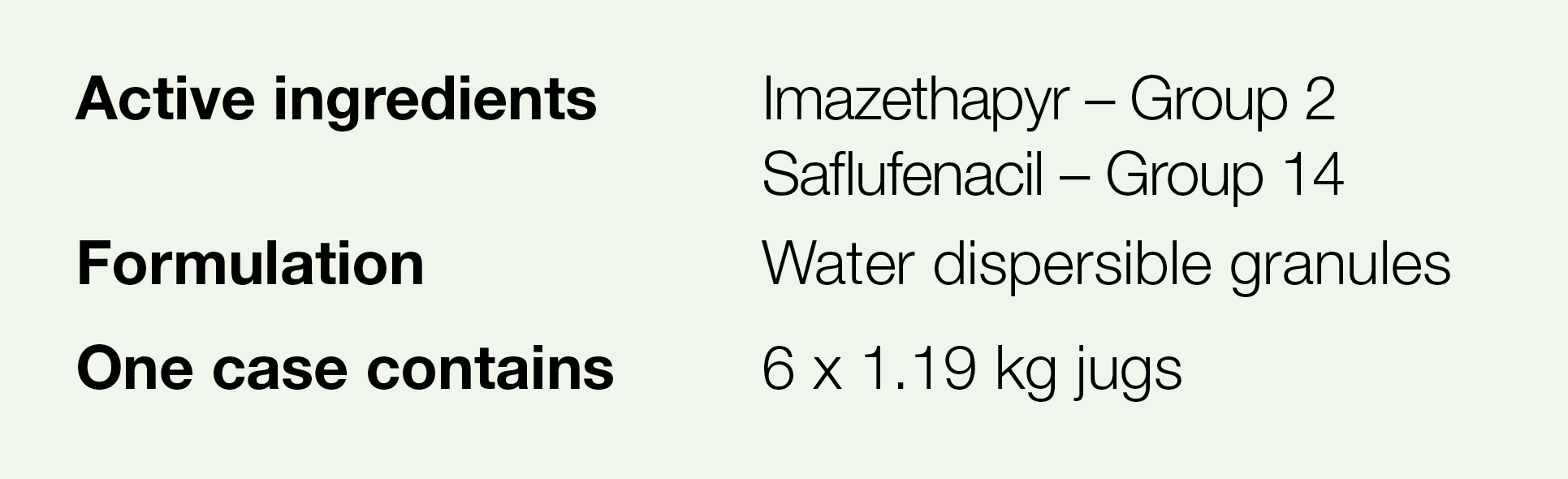 Active ingredients,Imazethapyr   Group 2 Saflufenacil   Group 14,Formulation,Water dispersible granules,One case cont   
