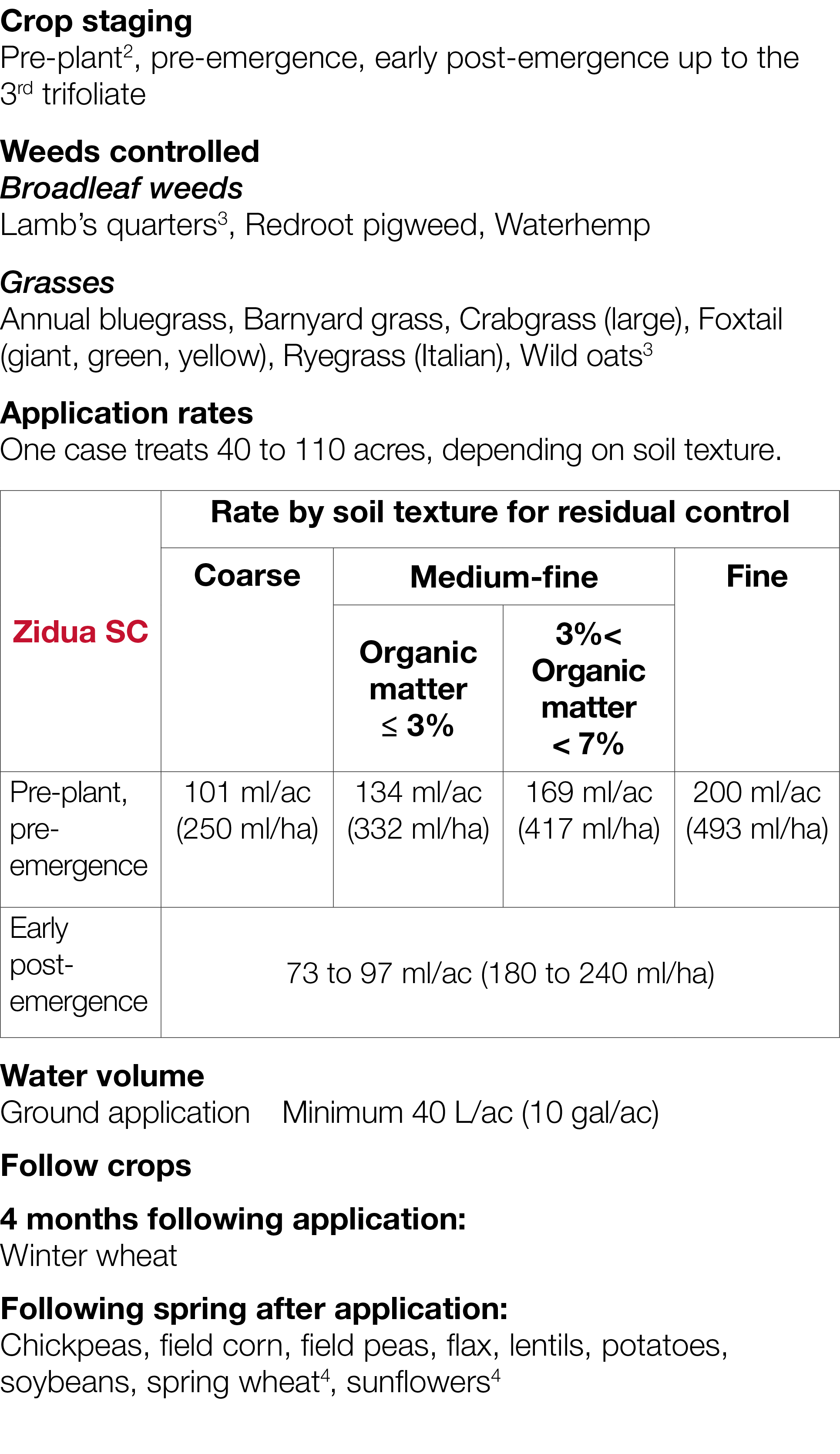 Crop staging Pre-plant2, pre-emergence, early post-emergence up to the 3rd trifoliate Weeds controlled Broadleaf weed   
