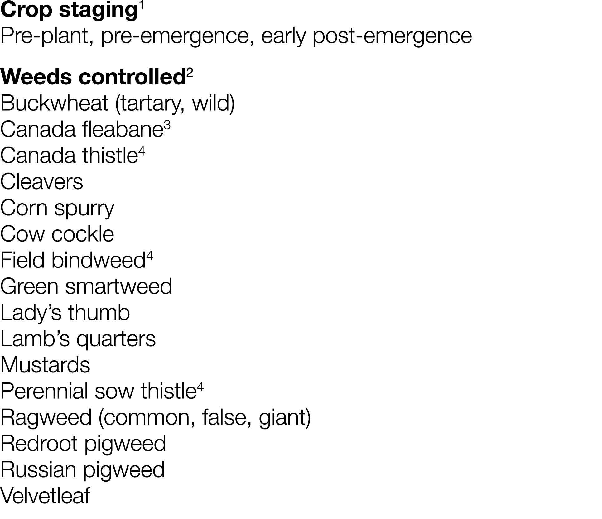 Crop staging1 Pre-plant, pre-emergence, early post-emergence Weeds controlled2 Buckwheat (tartary, wild) Canada fleab   