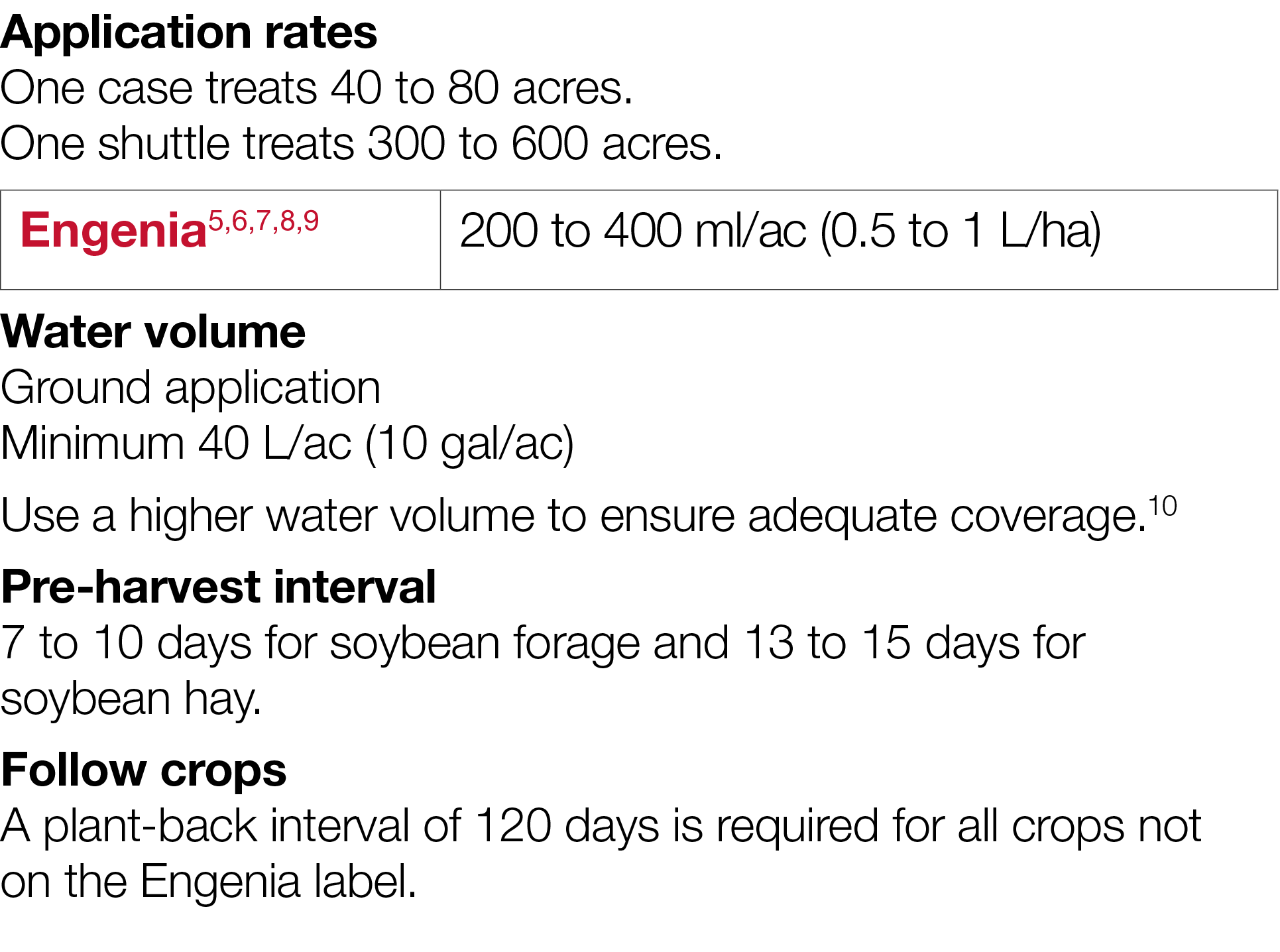 Application rates One case treats 40 to 80 acres  One shuttle treats 300 to 600 acres    Water volume Ground applicat   
