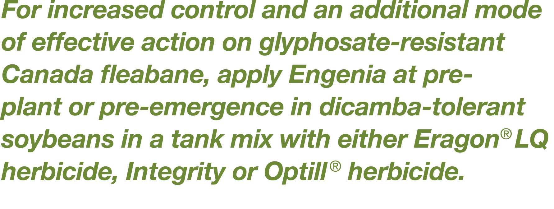 For increased control and an additional mode of effective action on glyphosate-resistant Canada fleabane, apply Engen   
