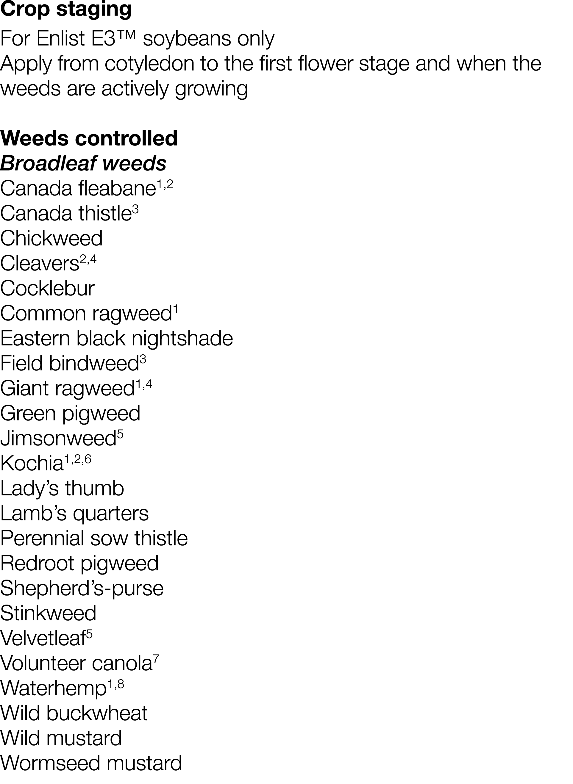 Crop staging For Enlist E3  soybeans only Apply from cotyledon to the first flower stage and when the weeds are activ   