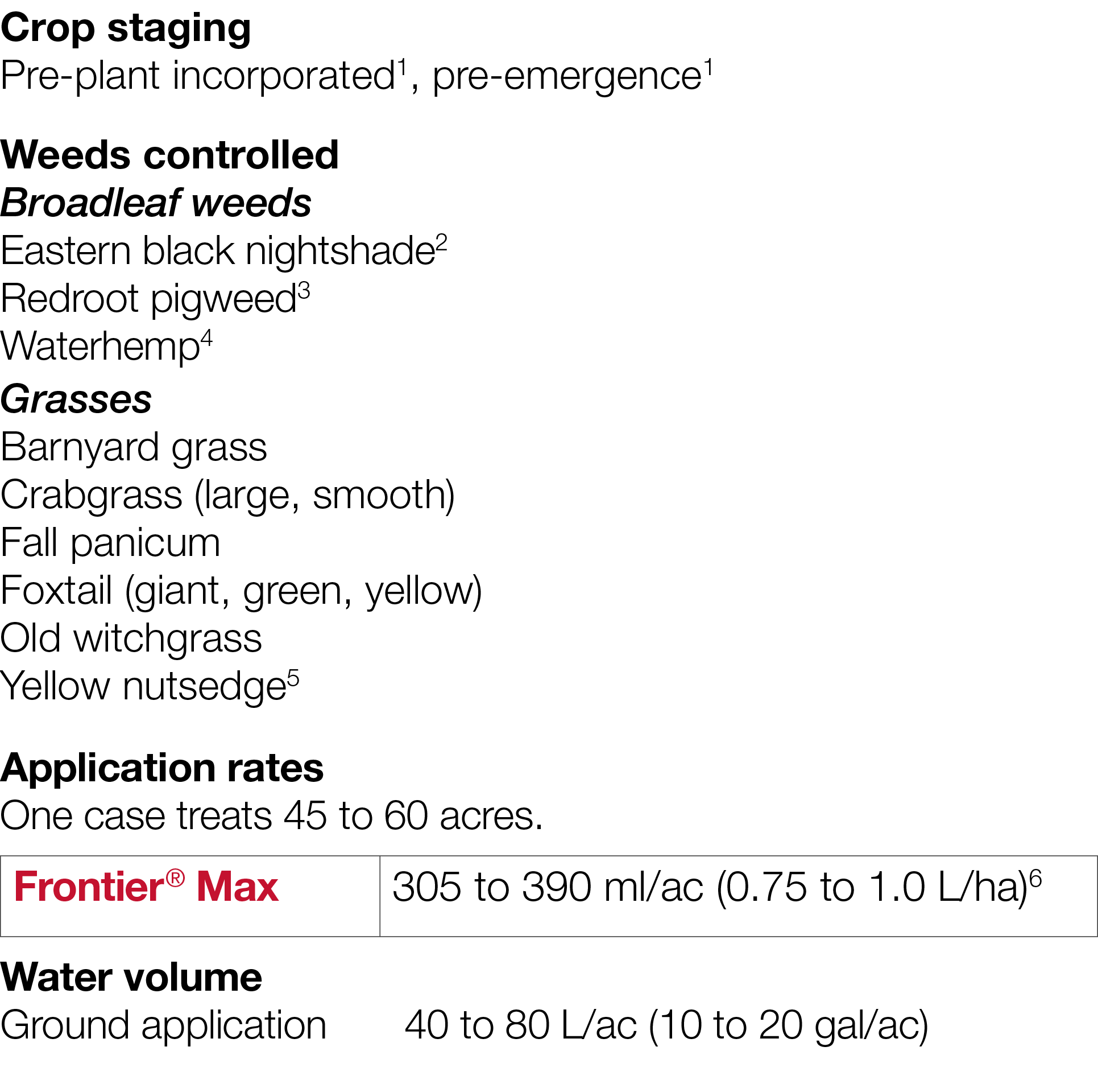 Crop staging Pre-plant incorporated1, pre-emergence1 Weeds controlled Broadleaf weeds Eastern black nightshade2 Redro   