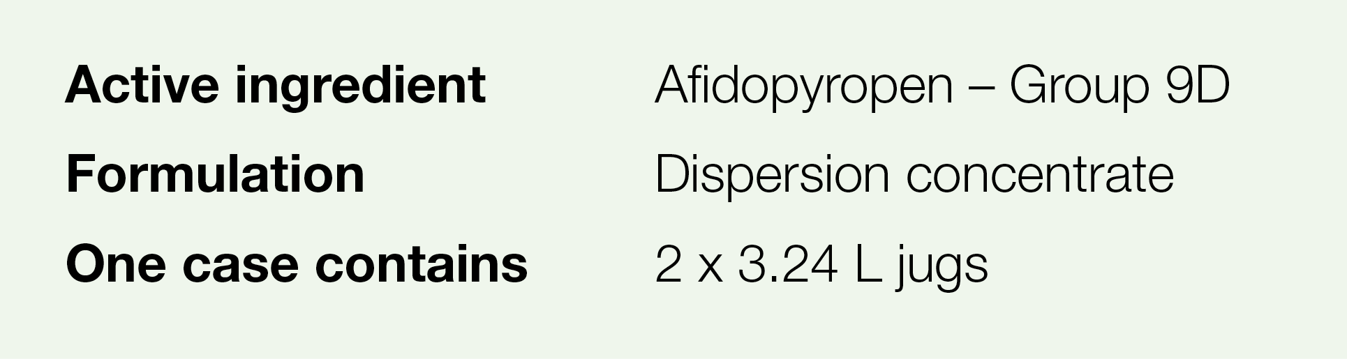 Active ingredient,Afidopyropen   Group 9D,Formulation,Dispersion concentrate ,One case contains,2 x 3 24 L jugs
