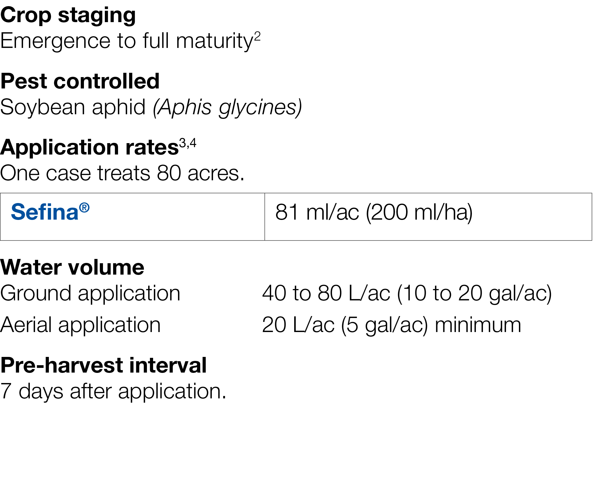 Crop staging Emergence to full maturity2 Pest controlled Soybean aphid (Aphis glycines) Application rates3,4 One case   