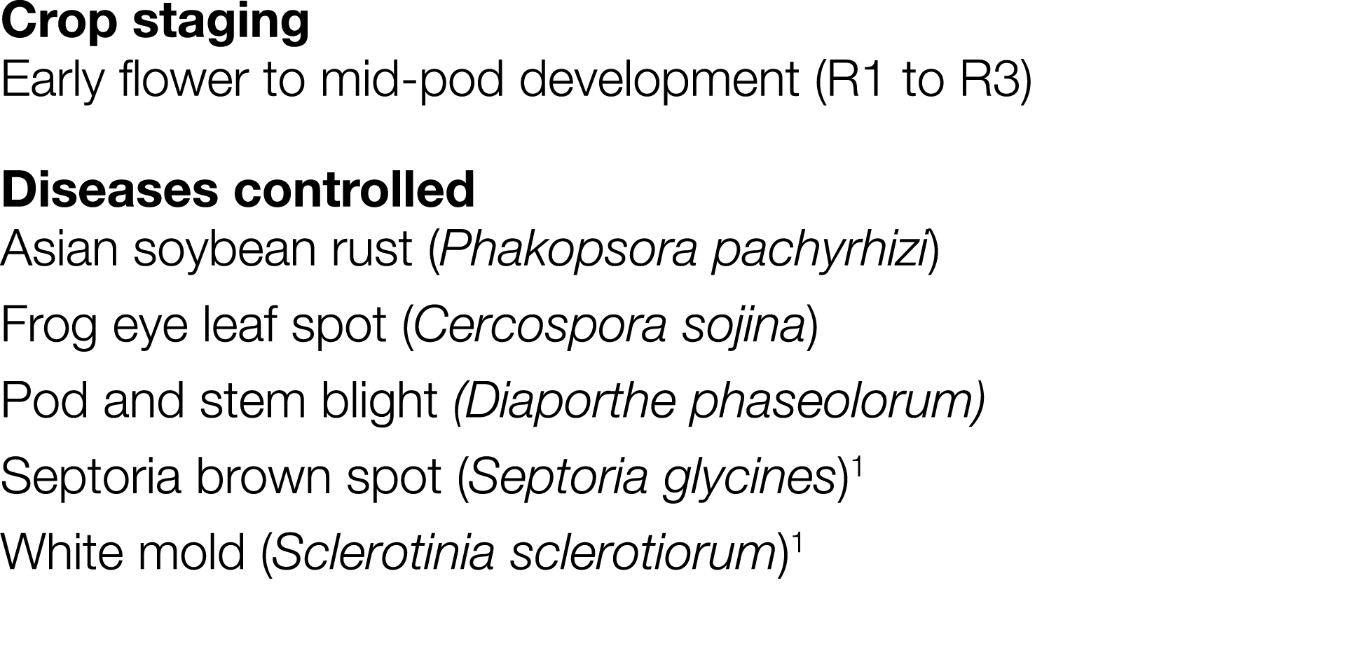 Crop staging Early flower to mid-pod development (R1 to R3) Diseases controlled Asian soybean rust (Phakopsora pachyr   