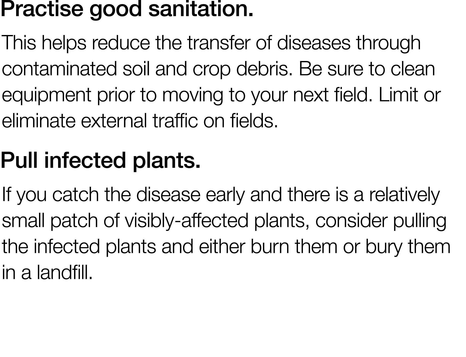 Practise good sanitation  This helps reduce the transfer of diseases through contaminated soil and crop debris  Be su   