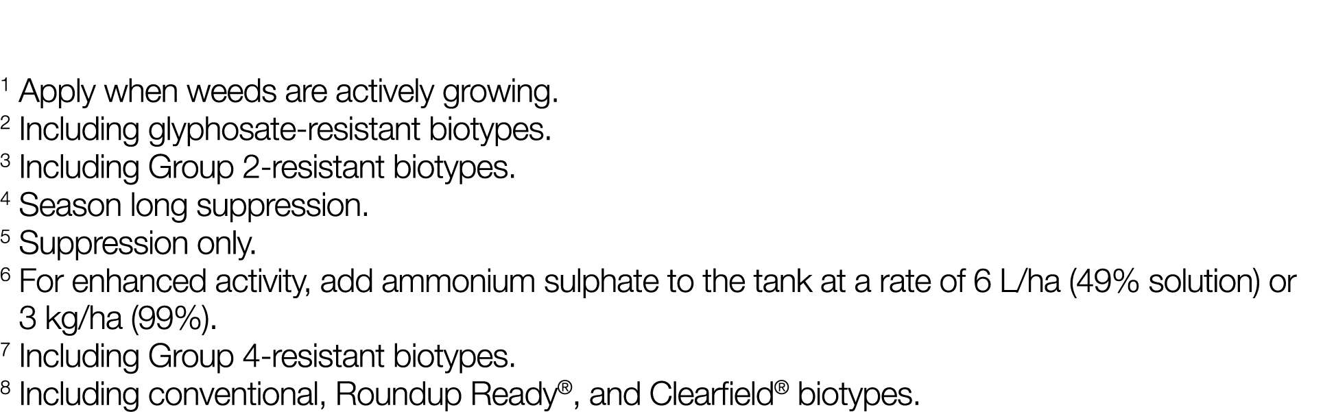 1 Apply when weeds are actively growing  2 Including glyphosate-resistant biotypes  3 Including Group 2-resistant bio   