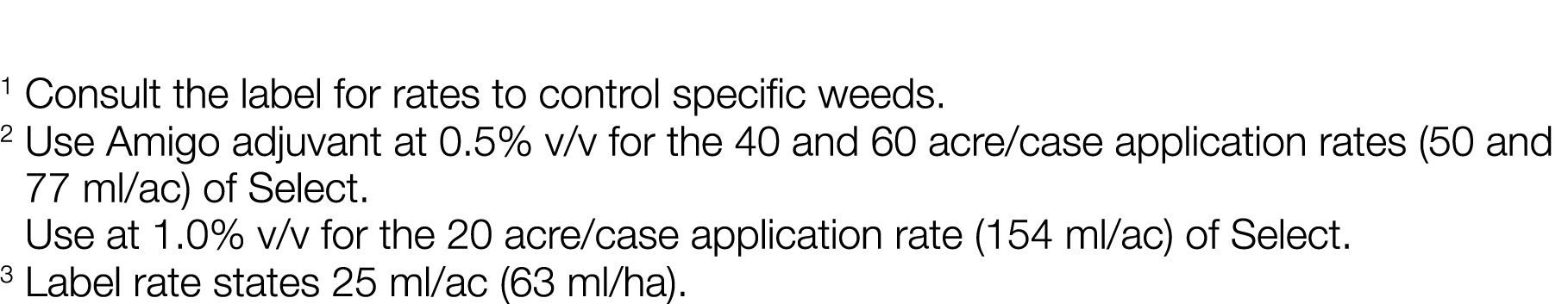 1 Consult the label for rates to control specific weeds  2  Use Amigo adjuvant at 0 5% v v for the 40 and 60 acre cas   