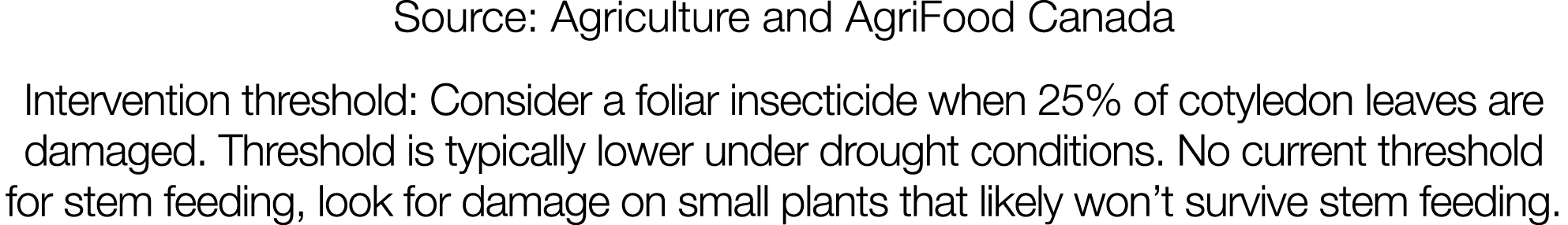 Source: Agriculture and AgriFood Canada Intervention threshold: Consider a foliar insecticide when 25% of cotyledon l   