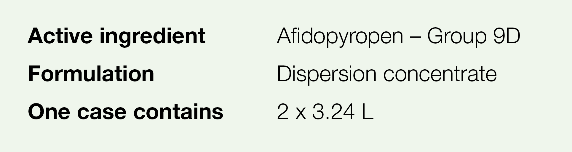 Active ingredient,Afidopyropen   Group 9D,Formulation,Dispersion concentrate ,One case contains,2 x 3 24 L