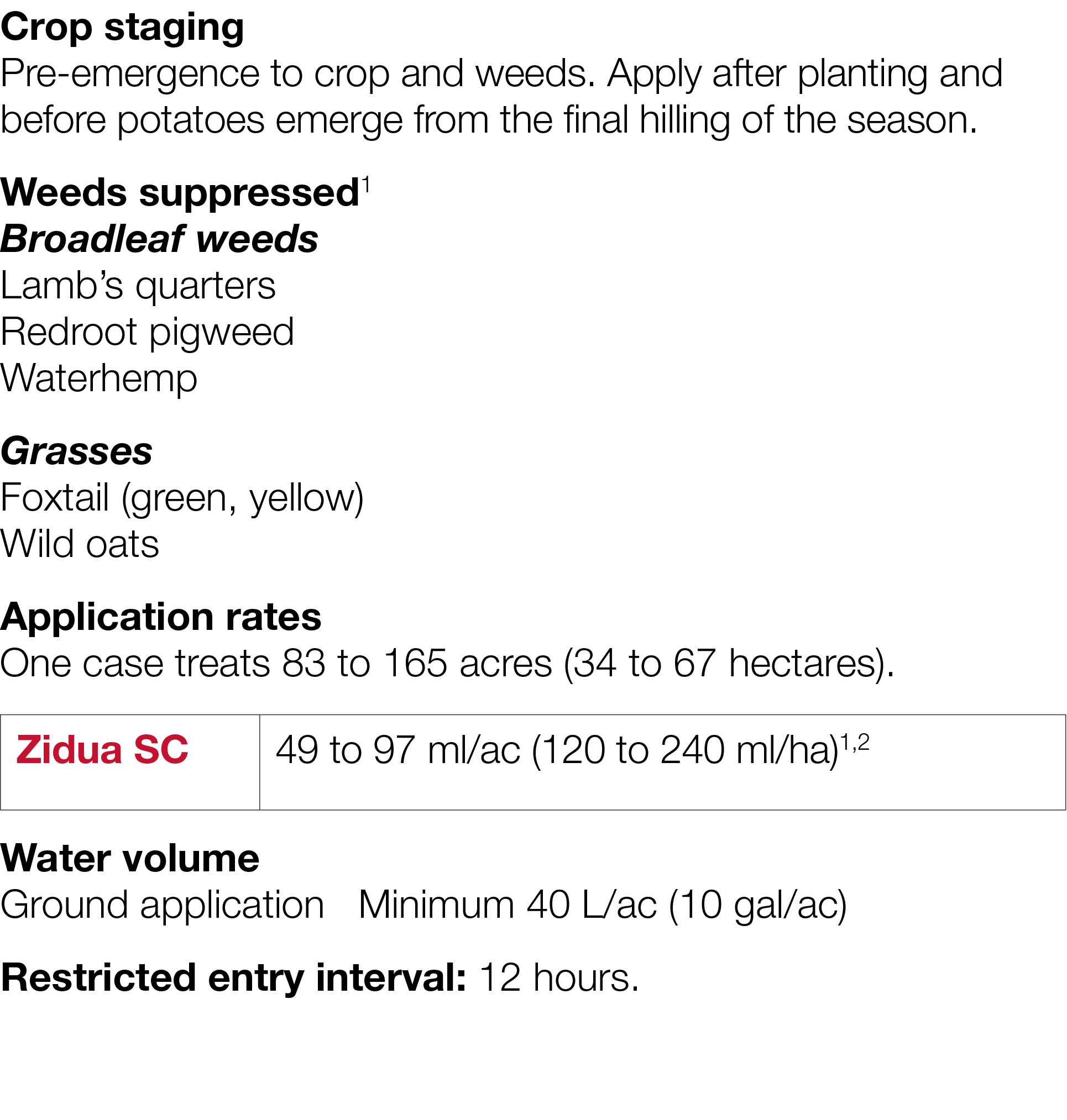 Crop staging Pre-emergence to crop and weeds  Apply after planting and before potatoes emerge from the final hilling    