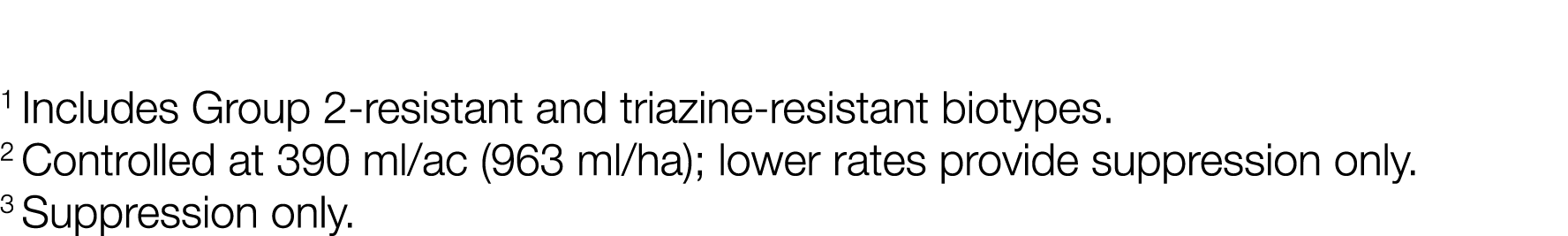 1 Includes Group 2-resistant and triazine-resistant biotypes  2 Controlled at 390 ml ac (963 ml ha); lower rates prov   