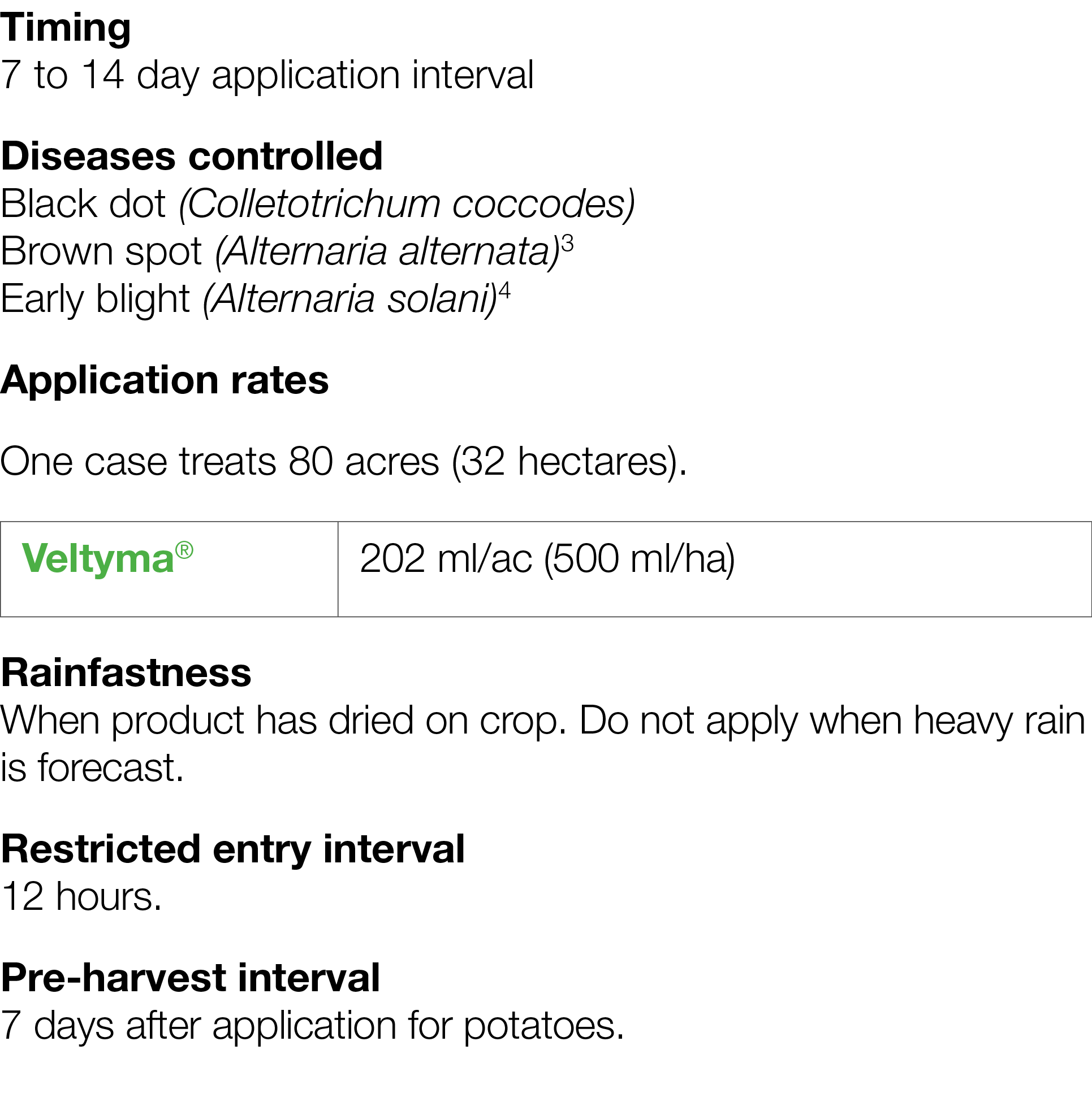 Timing 7 to 14 day application interval Diseases controlled Black dot (Colletotrichum coccodes) Brown spot (Alternari   