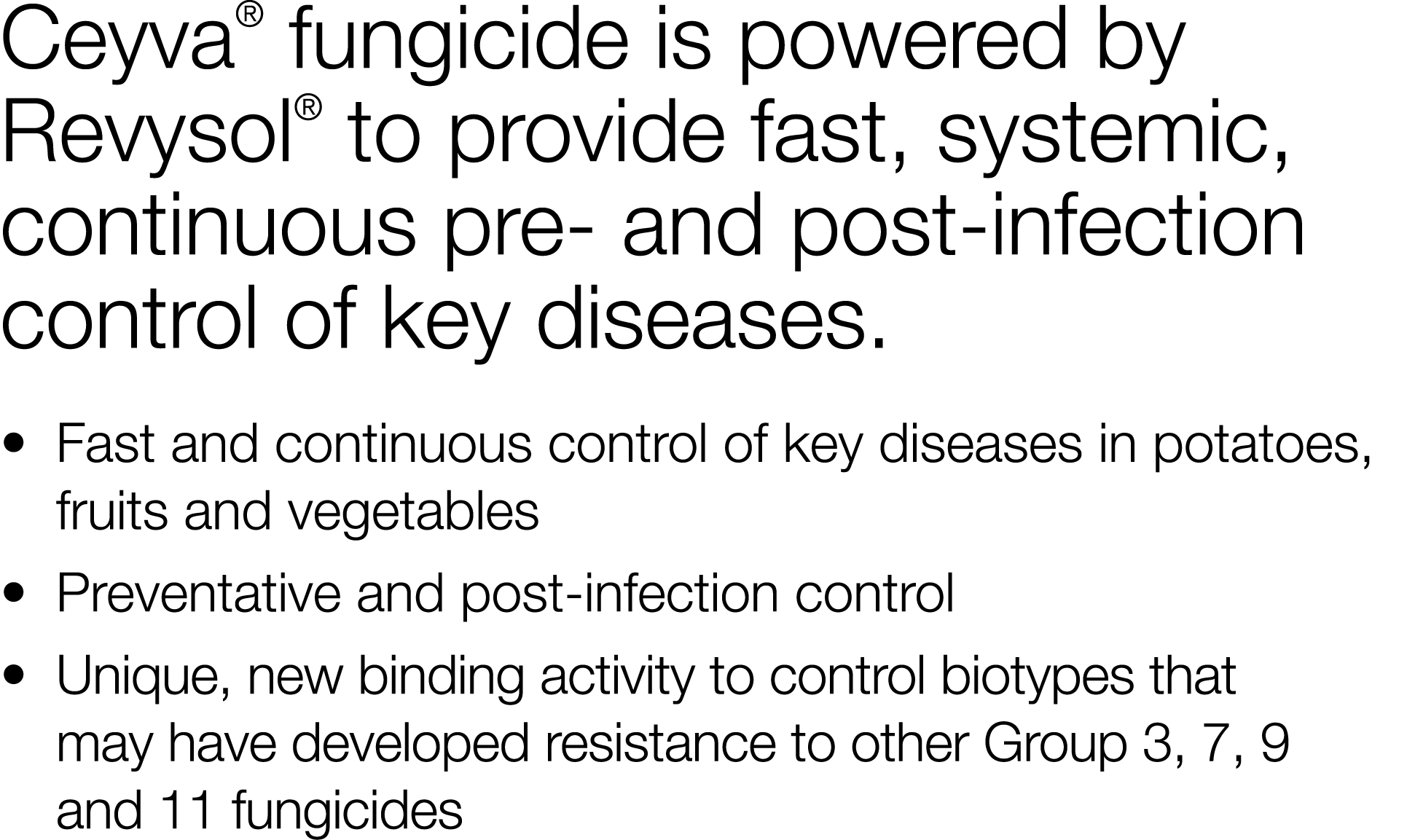 Ceyva  fungicide is powered by Revysol  to provide fast, systemic, continuous pre- and post-infection control of key    