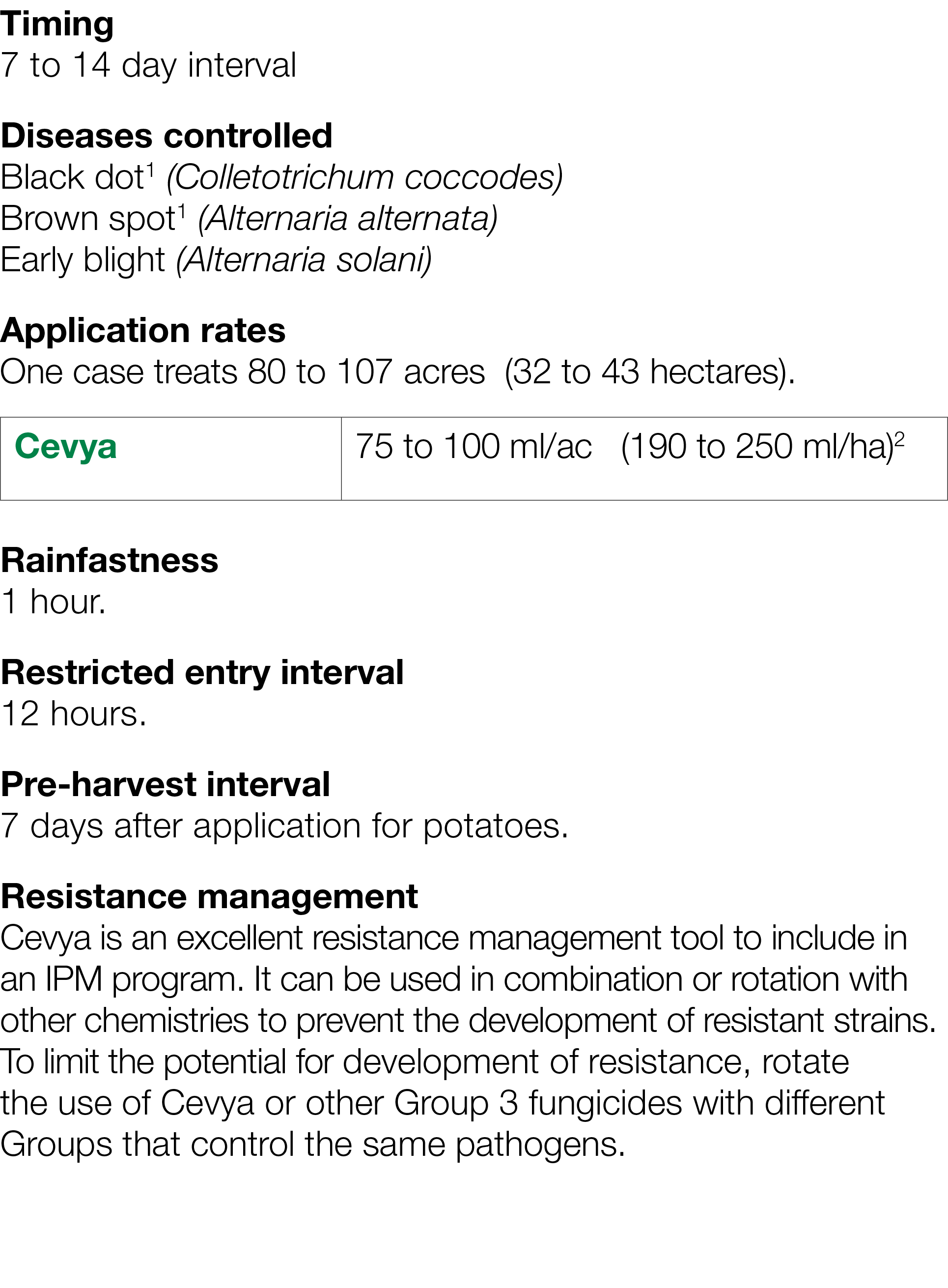 Timing 7 to 14 day interval Diseases controlled Black dot1 (Colletotrichum coccodes) Brown spot1 (Alternaria alternat   