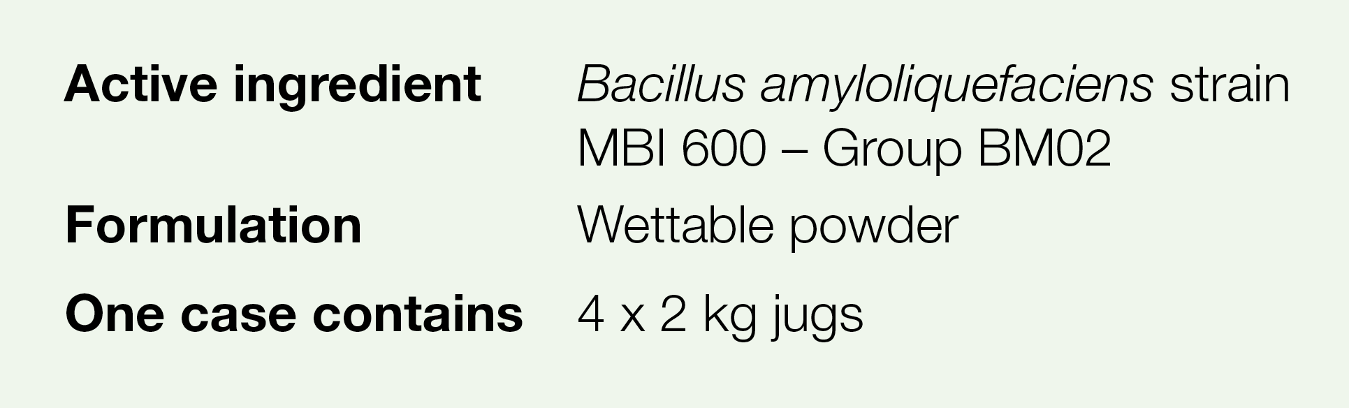Active ingredient,Bacillus amyloliquefaciens strain MBI 600   Group BM02,Formulation,Wettable powder,One case contain   