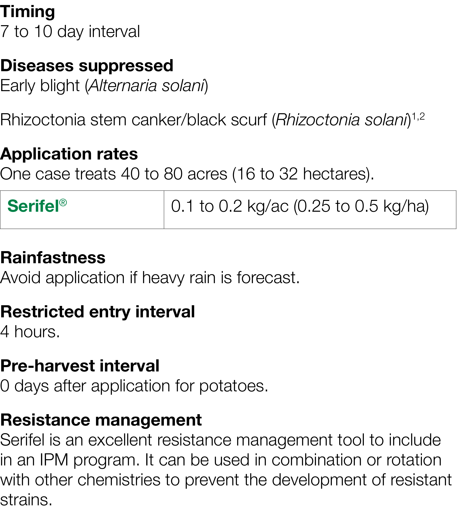 Timing 7 to 10 day interval Diseases suppressed Early blight (Alternaria solani) Rhizoctonia stem canker black scurf    