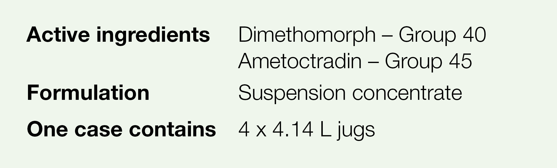 Active ingredients,Dimethomorph   Group 40 Ametoctradin   Group 45,Formulation,Suspension concentrate,One case contai   