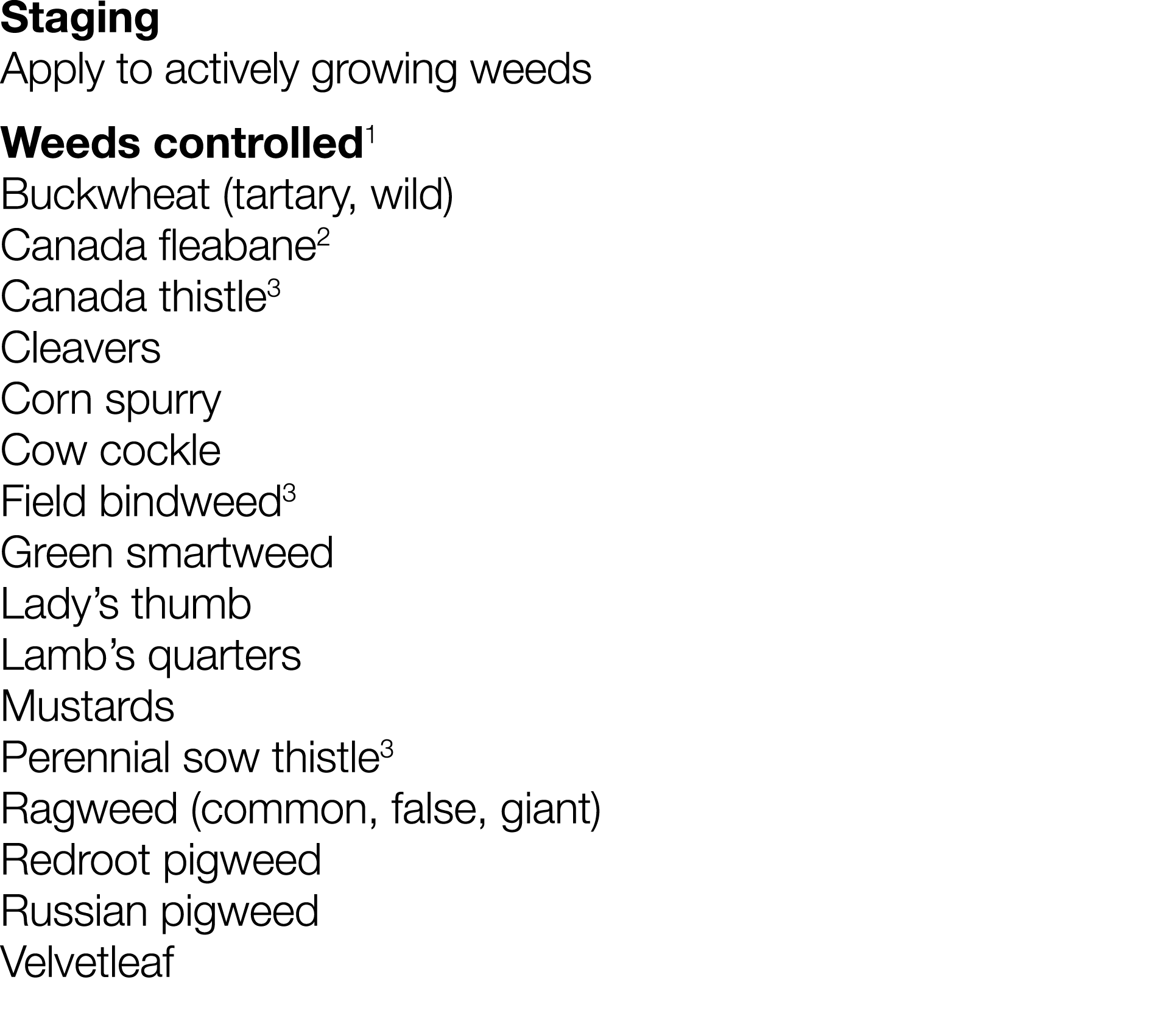 Staging Apply to actively growing weeds Weeds controlled1 Buckwheat (tartary, wild) Canada fleabane2 Canada thistle3    