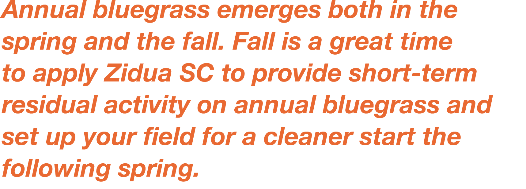 Annual bluegrass emerges both in the spring and the fall  Fall is a great time to apply Zidua SC to provide short-ter   