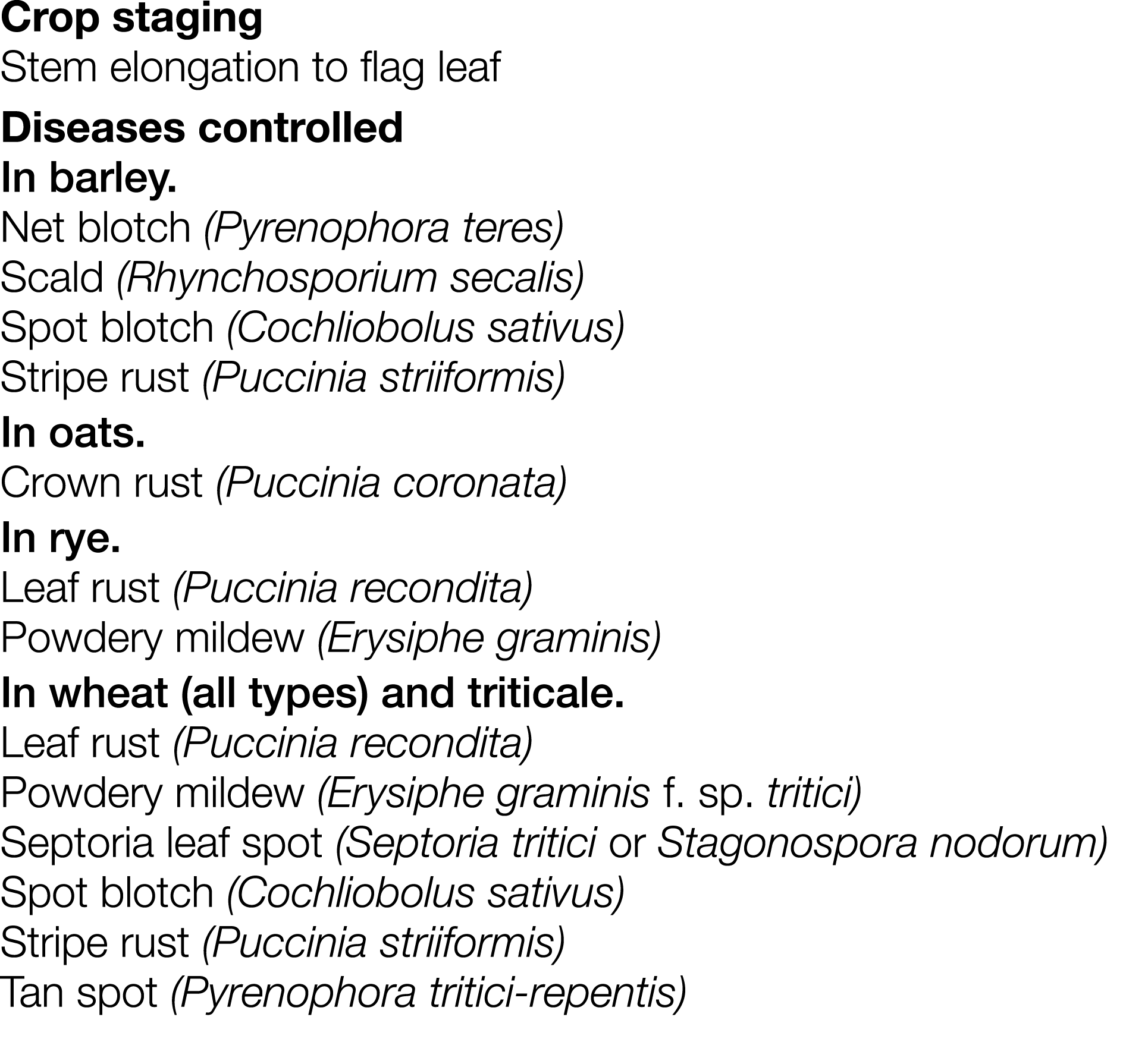 Crop staging Stem elongation to flag leaf Diseases controlled In barley  Net blotch (Pyrenophora teres) Scald (Rhynch   