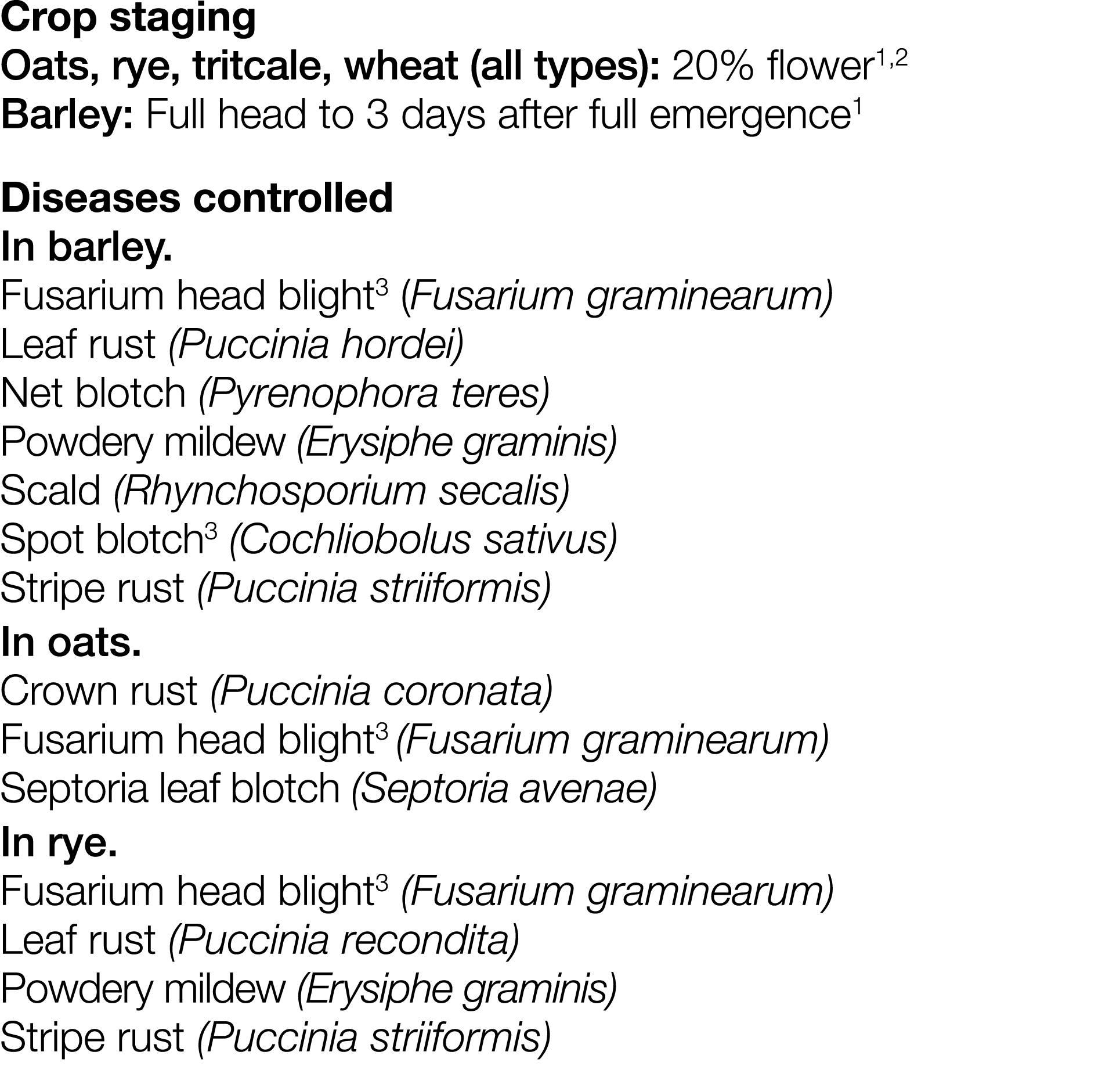 Crop staging Oats, rye, tritcale, wheat (all types): 20% flower1,2 Barley:  Full head to 3 days after full emergence1   