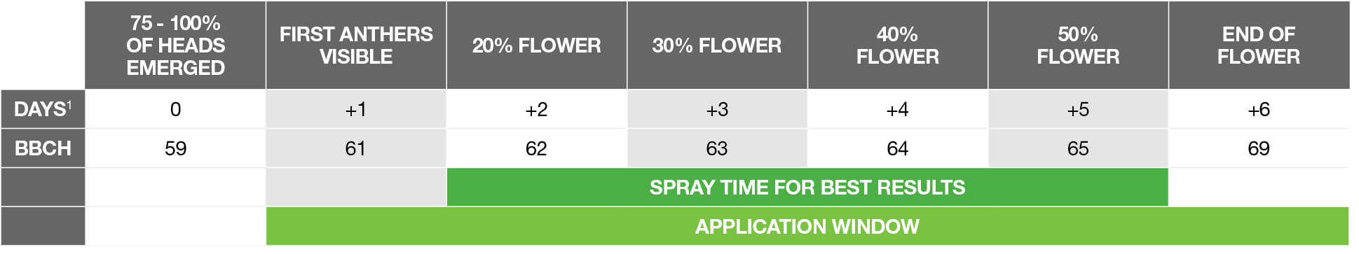 ,75 - 100% of heads emerged,first anthers visible,20% flower,30% flower,40% flower,50% flower,end of flower,Days1,0,+   