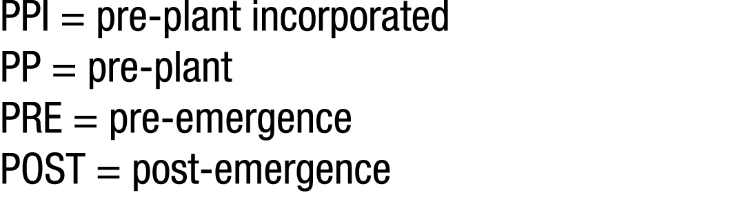 PPI   pre-plant incorporated PP   pre-plant PRE   pre-emergence POST   post-emergence