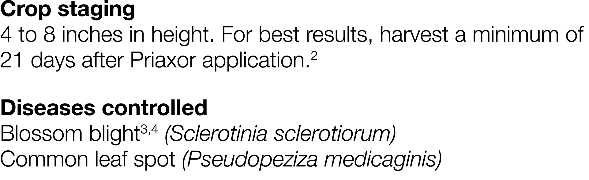 Crop staging 4 to 8 inches in height  For best results, harvest a minimum of 21 days after Priaxor application 2 Dise   