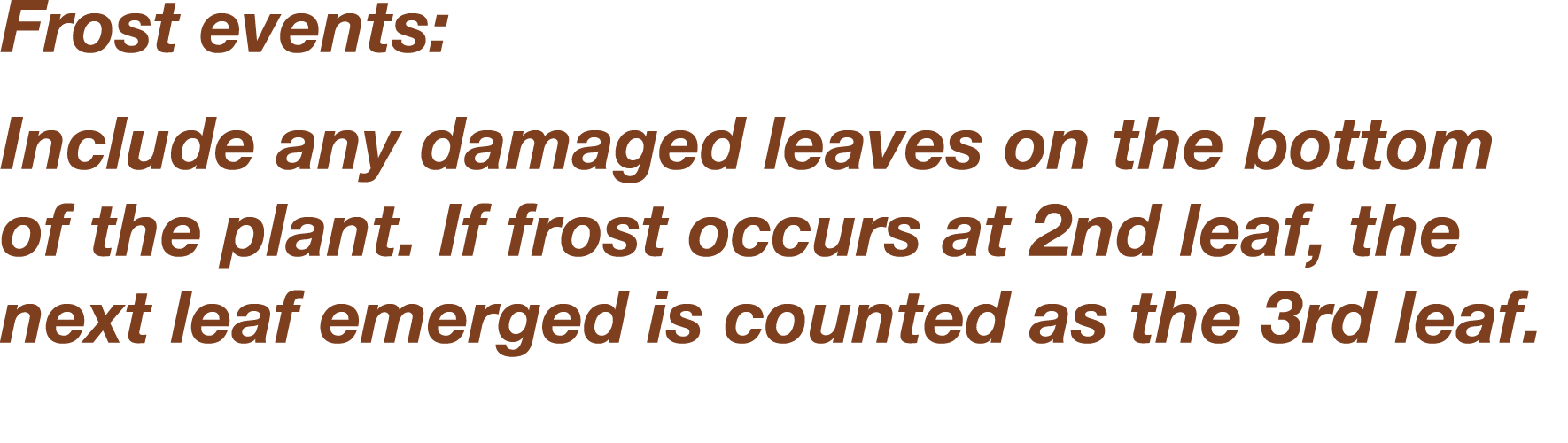 Frost events: Include any damaged leaves on the bottom of the plant  If frost occurs at 2nd leaf, the next leaf emerg   