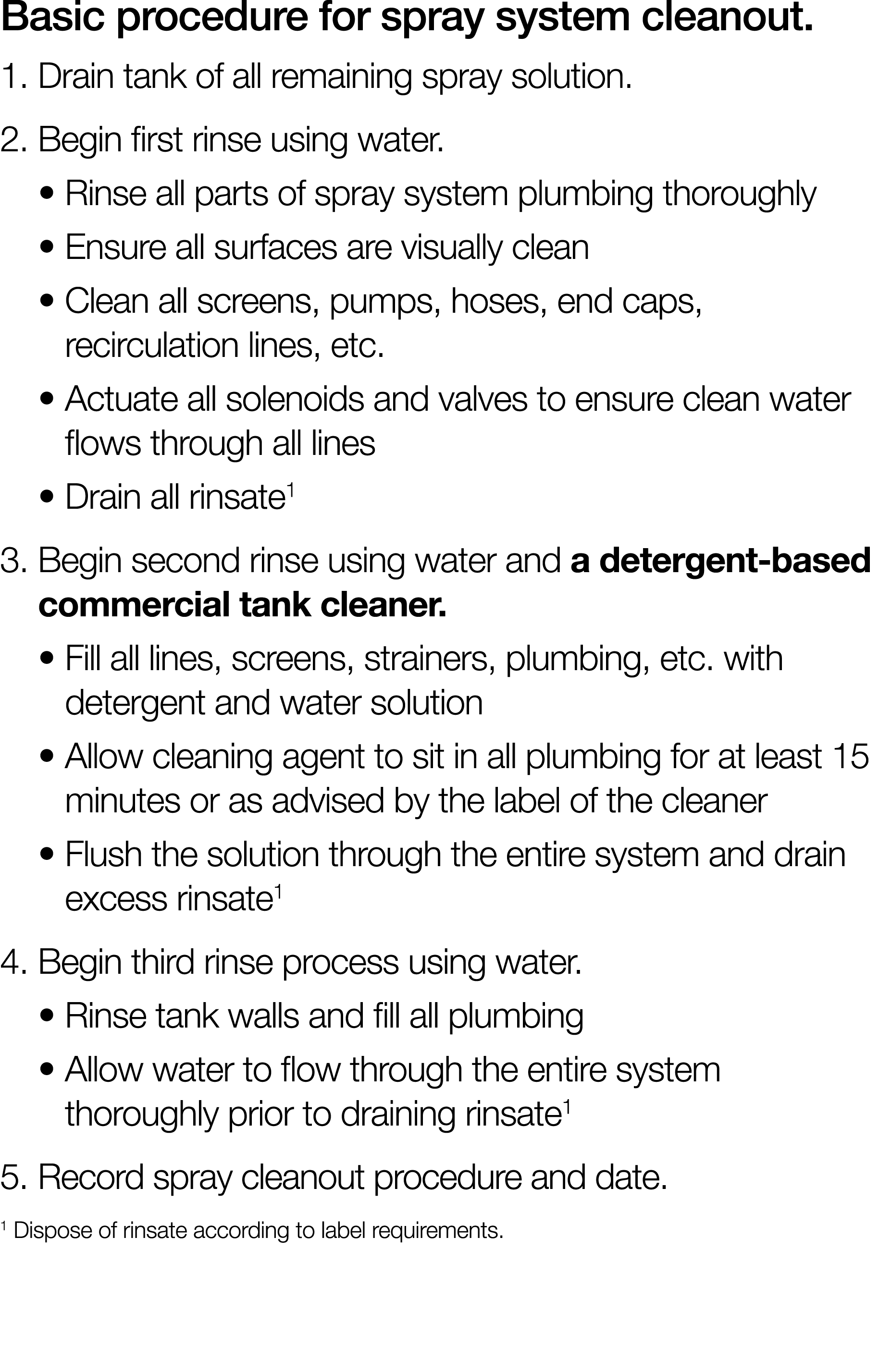 Basic procedure for spray system cleanout  1  Drain tank of all remaining spray solution  2  Begin first rinse using    