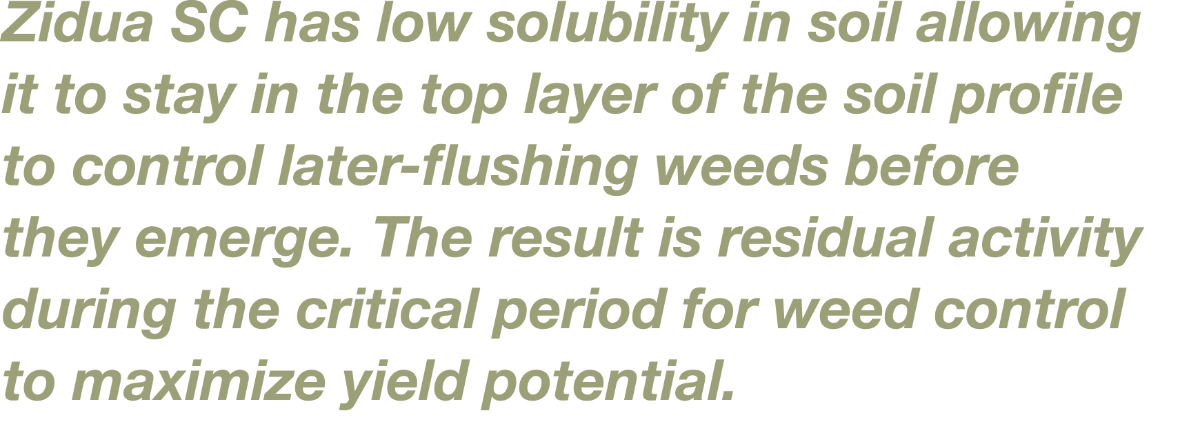 Zidua SC has low solubility in soil allowing it to stay in the top layer of the soil profile to control later-flushin   