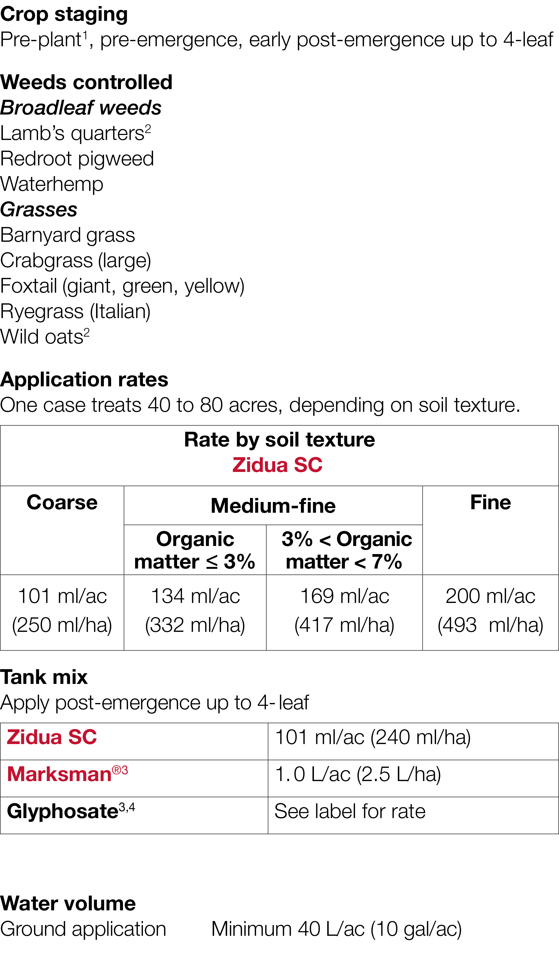 Crop staging Pre-plant1, pre-emergence, early post-emergence up to 4-leaf Weeds controlled Broadleaf weeds Lamb s qua   