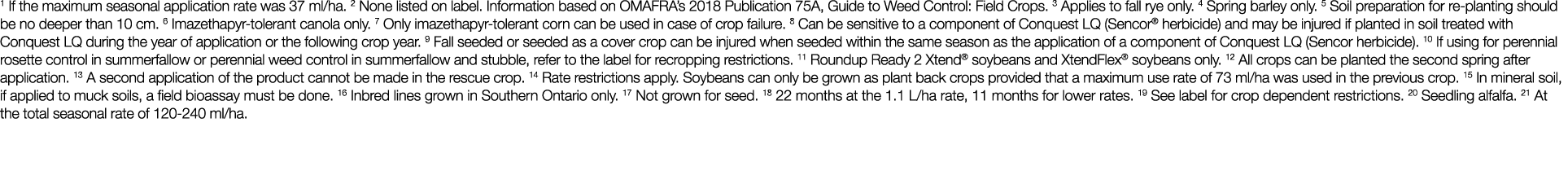 1 If the maximum seasonal application rate was 37 ml ha  2 None listed on label  Information based on OMAFRA s 2018 P   