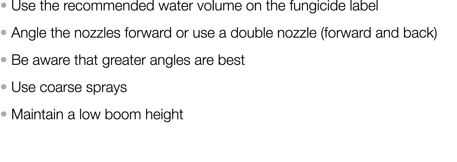   Use the recommended water volume on the fungicide label   Angle the nozzles forward or use a double nozzle (forward   