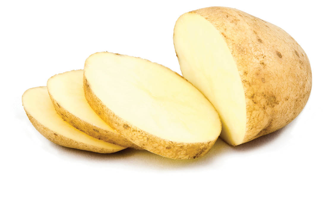 sliced raw potato isolated on white background with copyspace